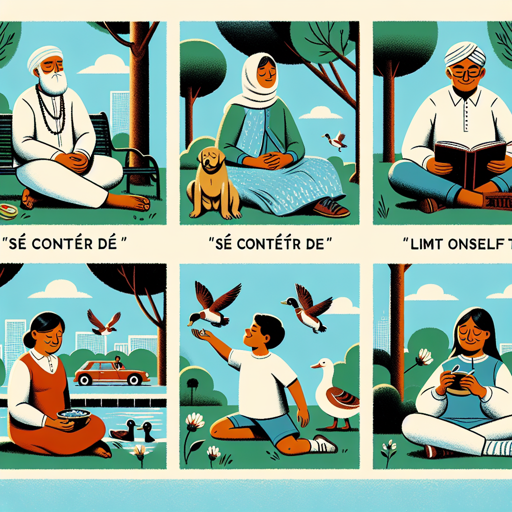 Créer une image de la vie de tous les jours illustrant le mot 'Se contenter de'." . Spécification des Synonymes : "Inclure 4 synonymes du mot 'se contenter de' en français : Actions à Représenter : "Représentez chacune des actions associées à ces synonymes :"