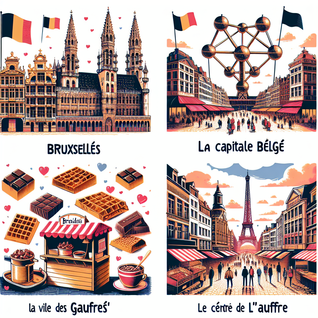Créer une image de la vie de tous les jours illustrant le mot \'Bruxelles\'.\" . Spécification des Synonymes : \"Inclure 4 synonymes du mot \'Bruxelles\' en français : Actions à Représenter : \"Représentez chacune des actions associées à ces synonymes :\"