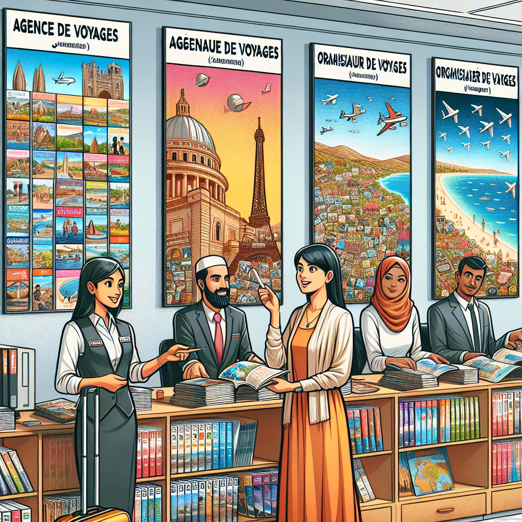 Créer une image de la vie de tous les jours illustrant le mot \'agence de voyage\'.\" . Spécification des Synonymes : \"Inclure 4 synonymes du mot \'agence de voyage\' en français : Actions à Représenter : \"Représentez chacune des actions associées à ces synonymes :\"